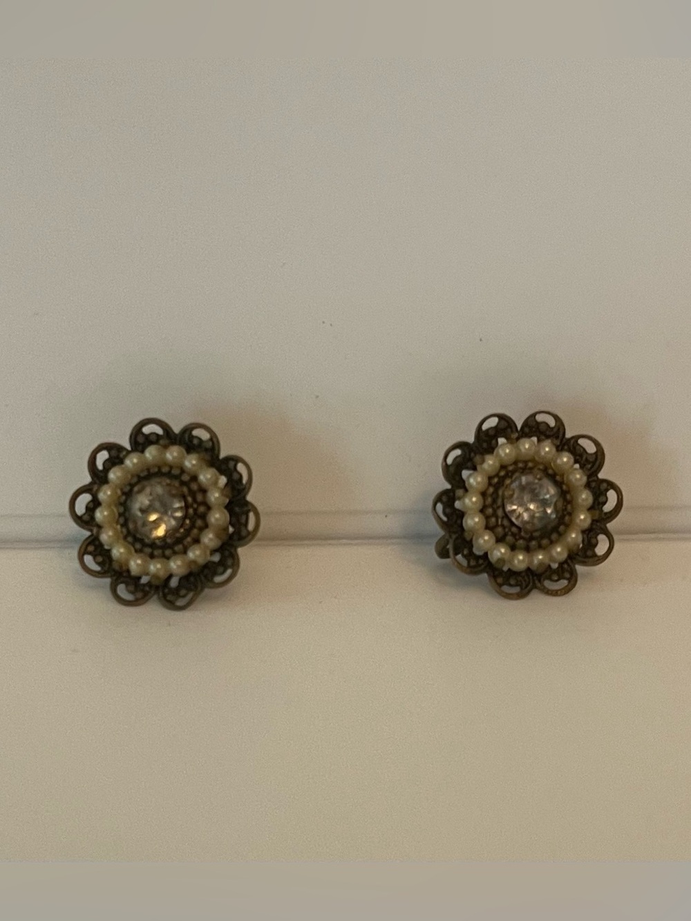 Vintage Flower Screw Back Earrings Layered Brass Filigree Crystal & Faux Pearls